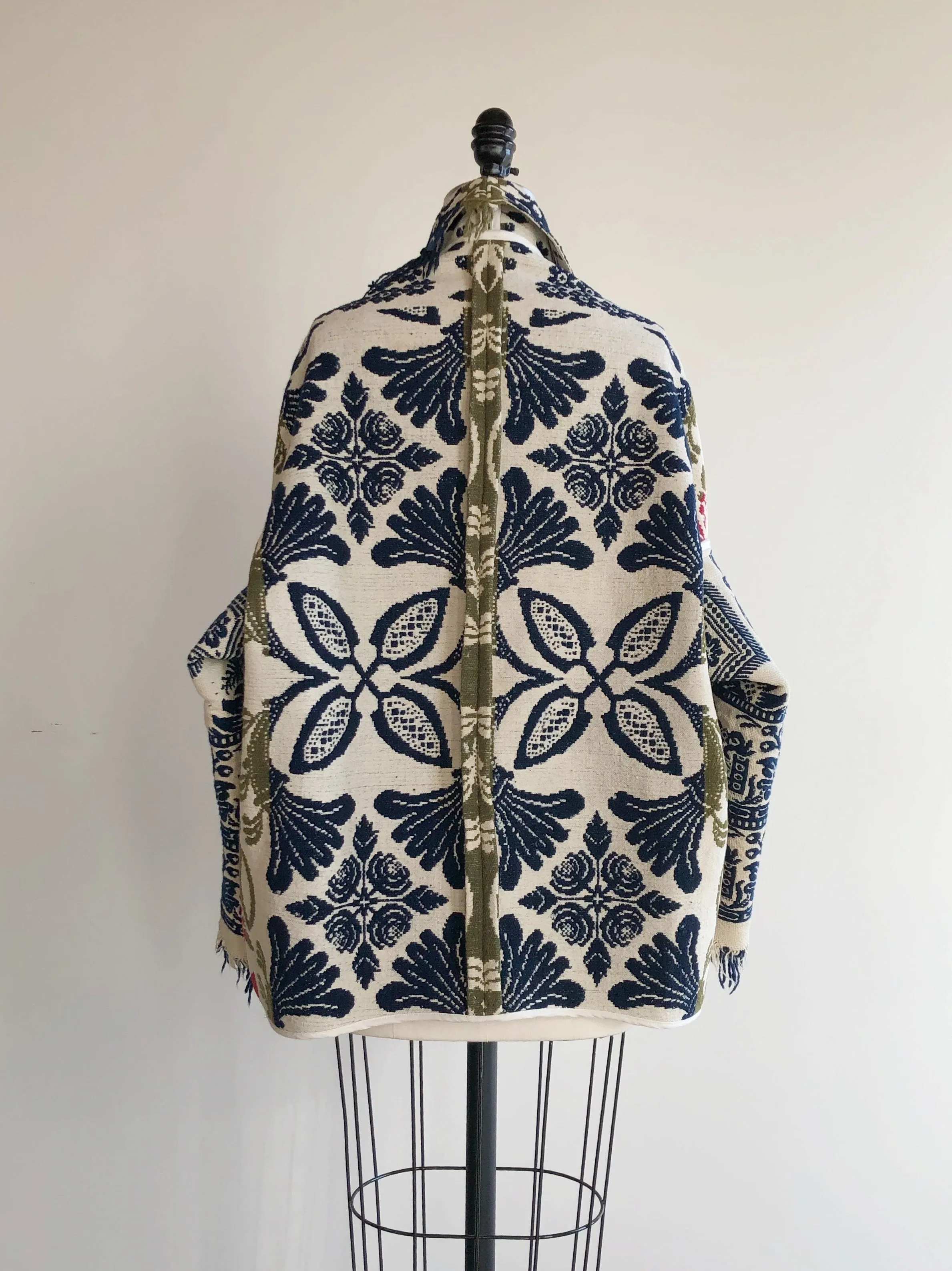 red, blue and olive graphic antique coverlet cocoon coat