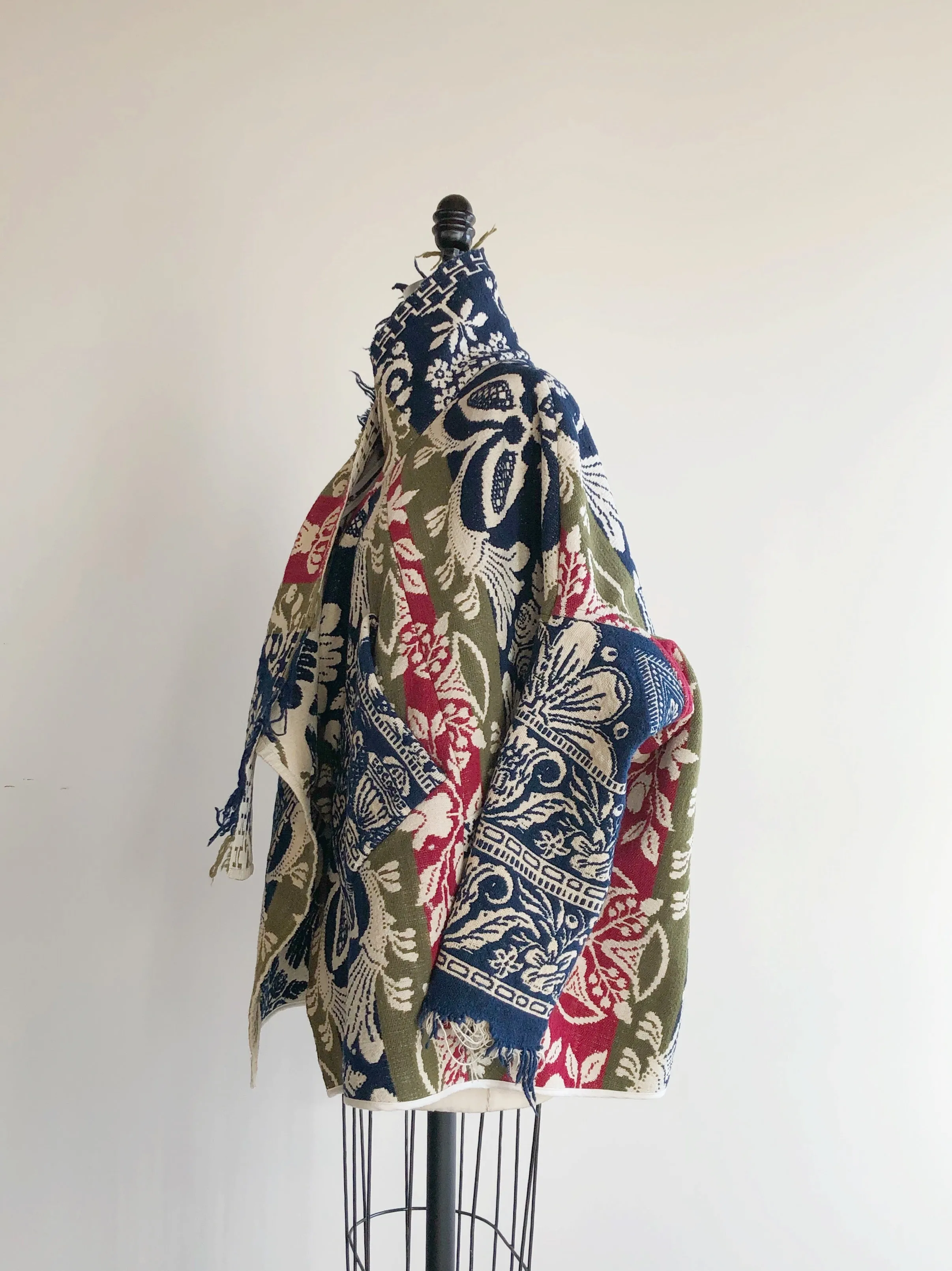 red, blue and olive graphic antique coverlet cocoon coat