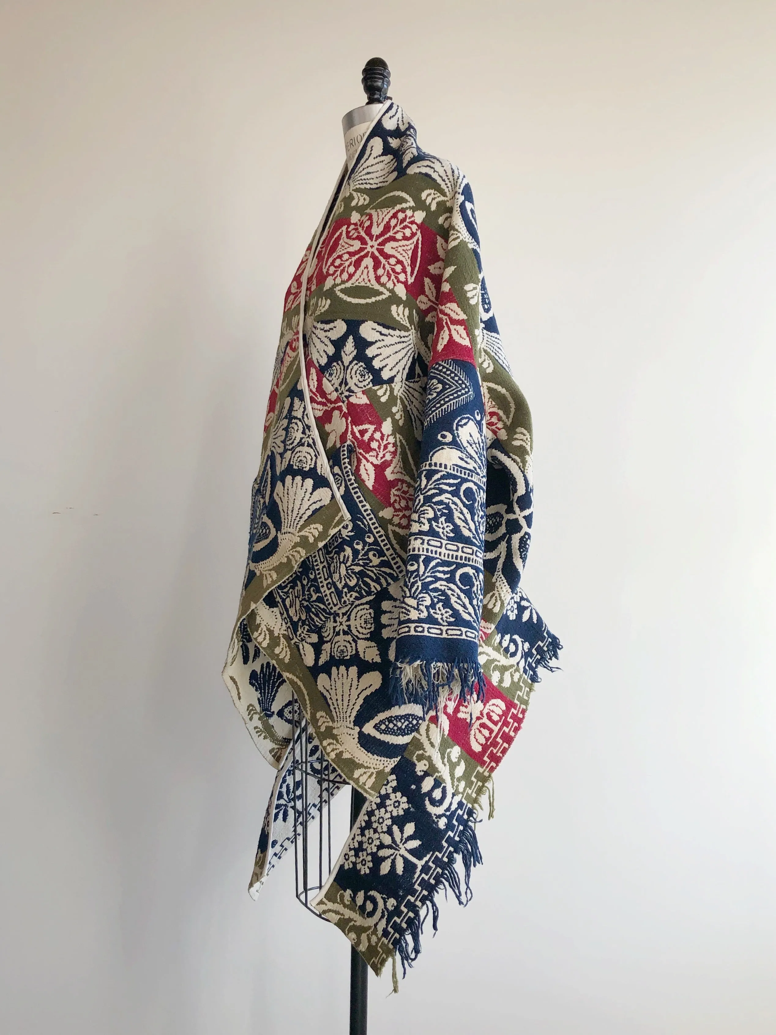 red, blue and olive graphic antique coverlet cocoon coat