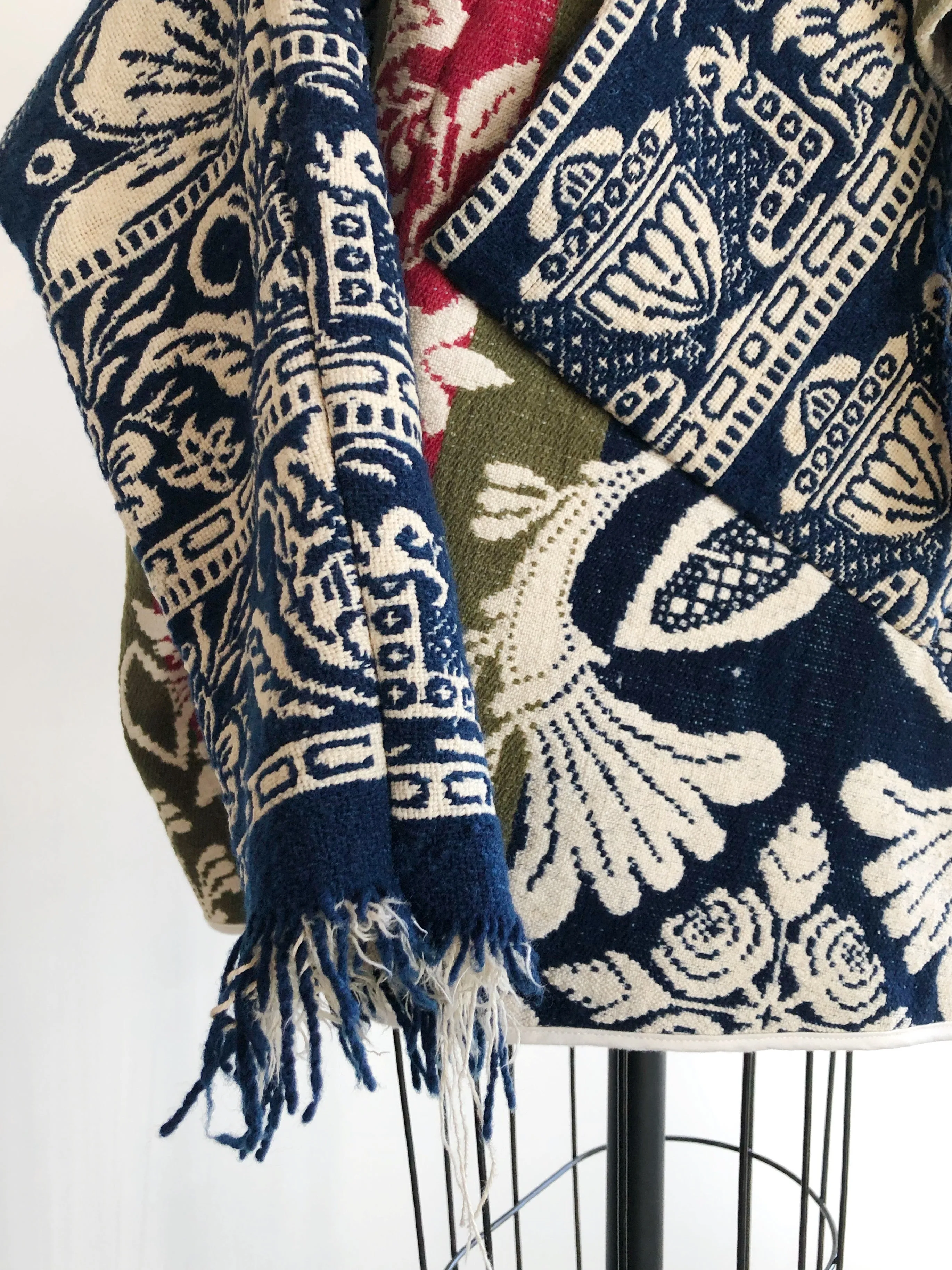 red, blue and olive graphic antique coverlet cocoon coat