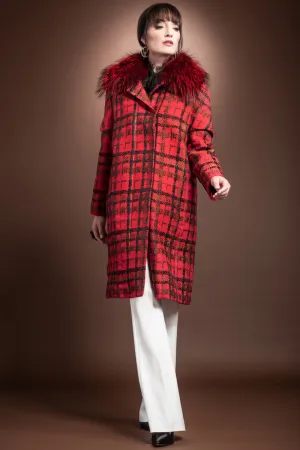 Red Tweed Convertible Mid Length Mink Lined Fur Coat - Bright Red Silver Fox Fur Collar