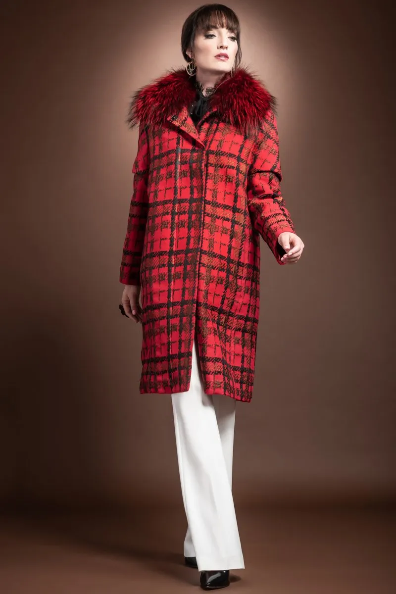 Red Tweed Convertible Mid Length Mink Lined Fur Coat - Bright Red Silver Fox Fur Collar