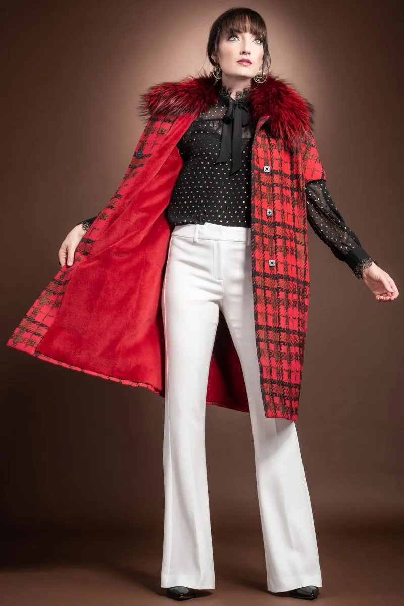 Red Tweed Convertible Mid Length Mink Lined Fur Coat - Bright Red Silver Fox Fur Collar