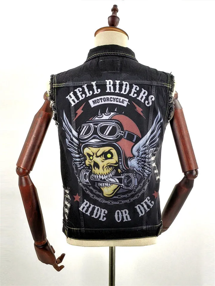 Rock Biker Men's Denim Vest with Hell Rider Print