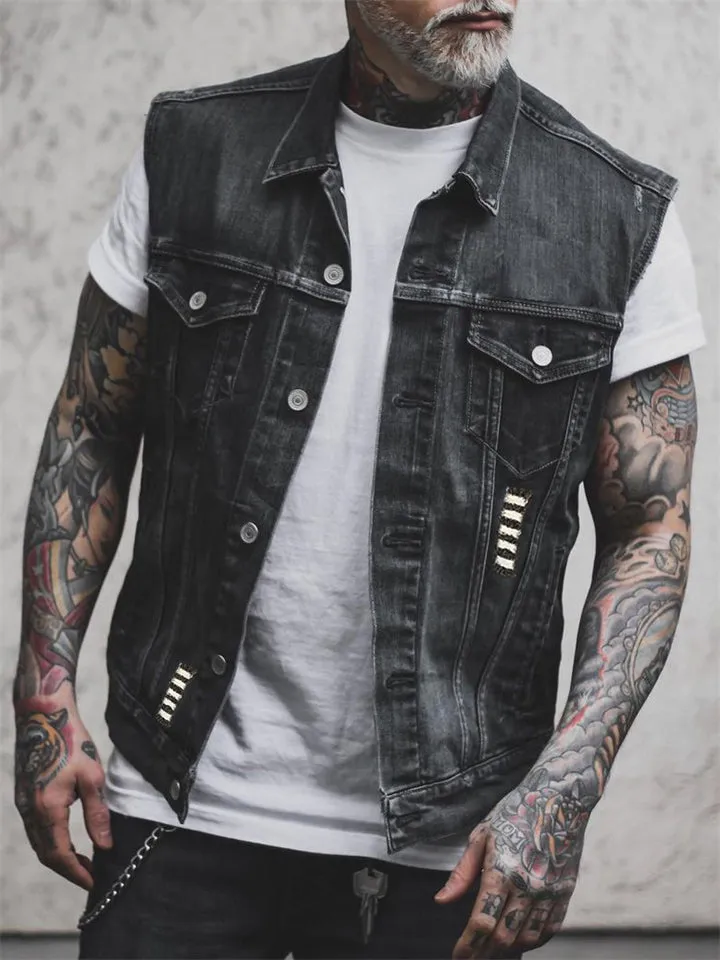 Rock Biker Men's Denim Vest with Hell Rider Print