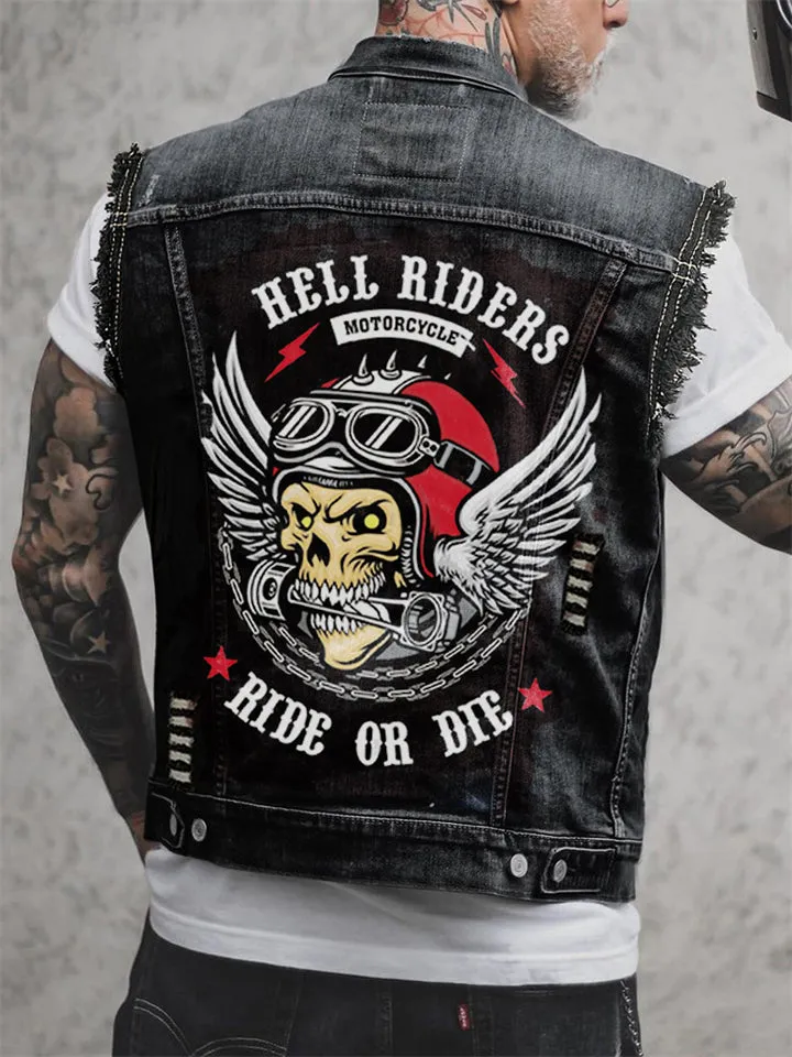 Rock Biker Men's Denim Vest with Hell Rider Print