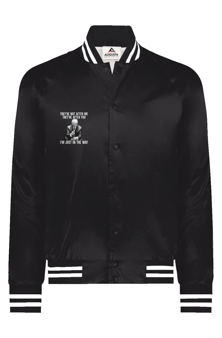 Satin Baseball Striped Jacket With Trump Graphic