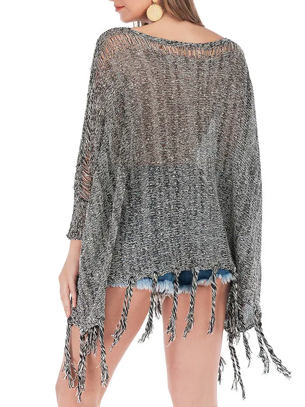 Sequined Knit Tassel Cloak Shawl Bat Blouse Sweater