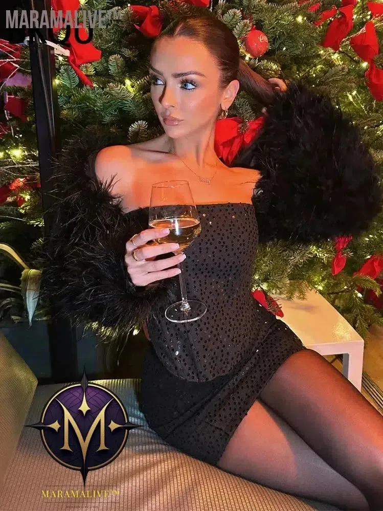 Sequins Denim Two Piece Pants Set Women Sexy Strapless Zipper Corset Tank Tops and Wide Leg Jeans Luxury Party Club Outfits