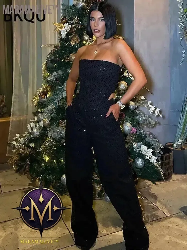 Sequins Denim Two Piece Pants Set Women Sexy Strapless Zipper Corset Tank Tops and Wide Leg Jeans Luxury Party Club Outfits