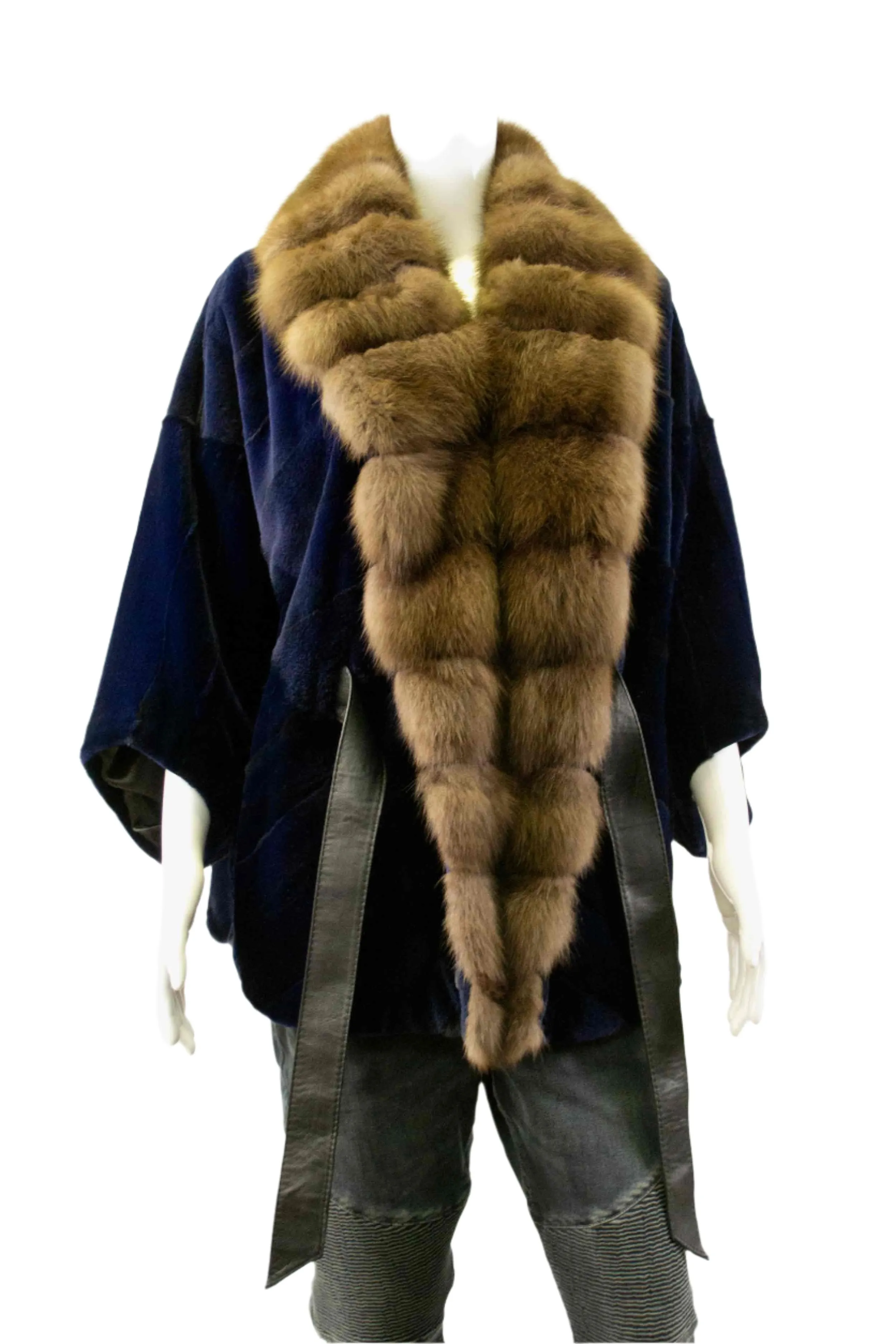 Sheared Chevron Mink Fur Cape with Russian Sable Fur Tux & Leather Belt