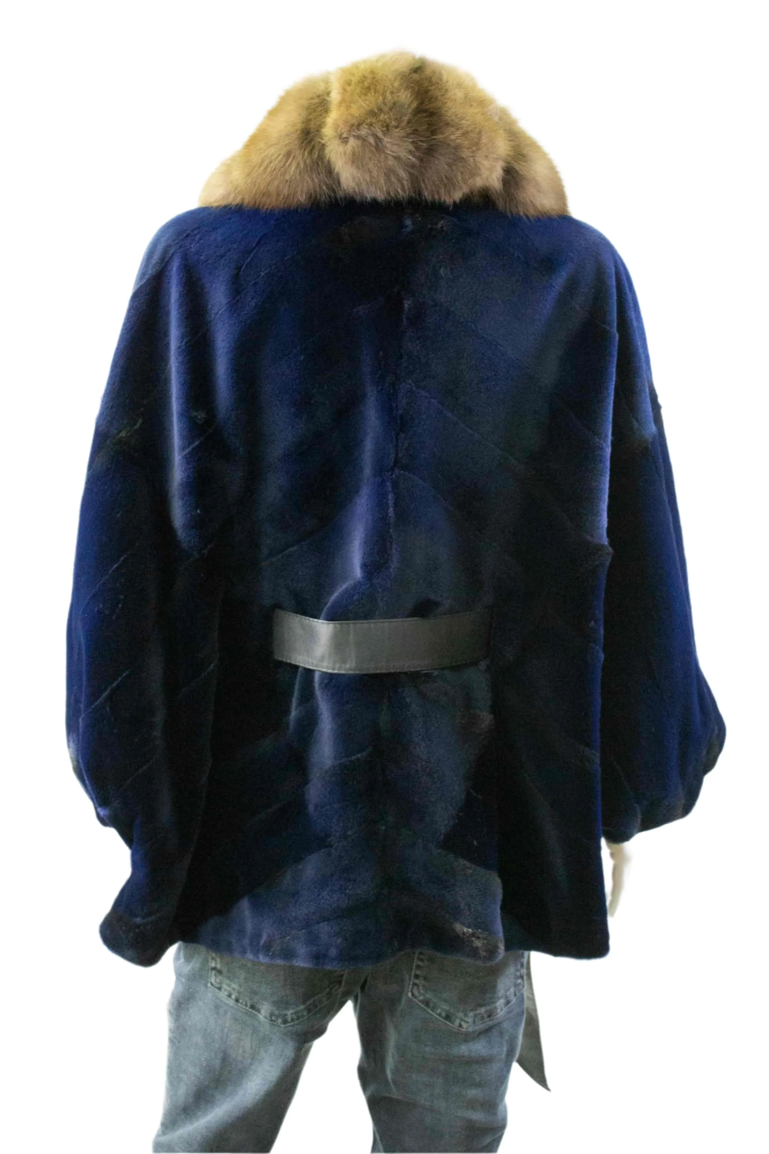 Sheared Chevron Mink Fur Cape with Russian Sable Fur Tux & Leather Belt