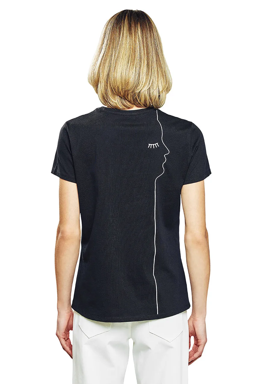Short Sleeve Cotton T-Shirt with Embroidered Face Silhouette