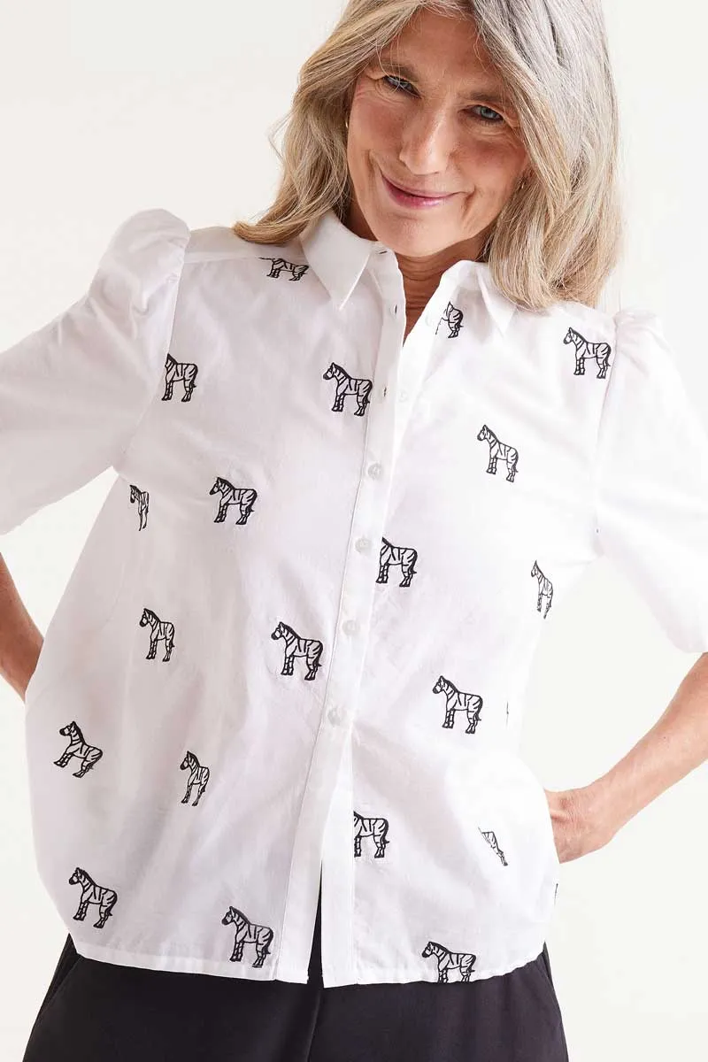 Short Sleeve Embroidered Zebra Print Shirt