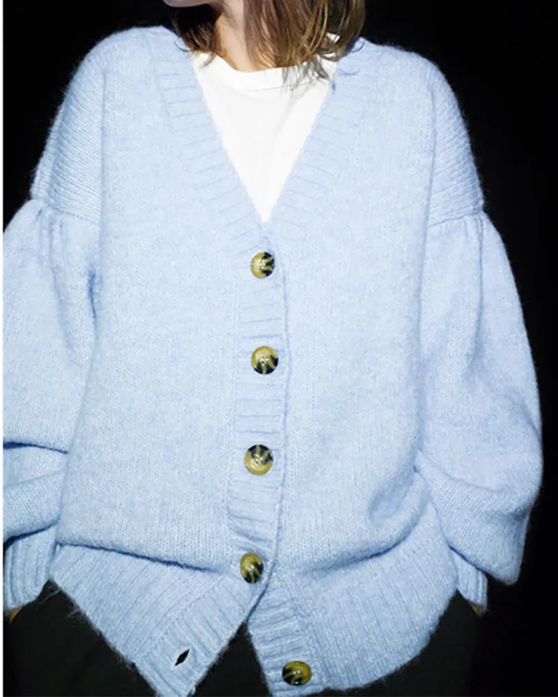 Single-breasted Lantern Sleeve V-neck Knit Cardigan Outerwear
