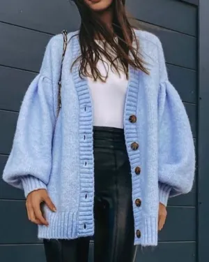 Single-breasted Lantern Sleeve V-neck Knit Cardigan Outerwear