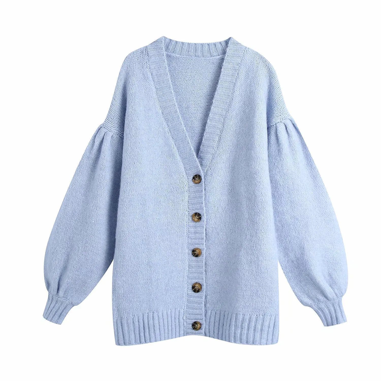 Single-breasted Lantern Sleeve V-neck Knit Cardigan Outerwear