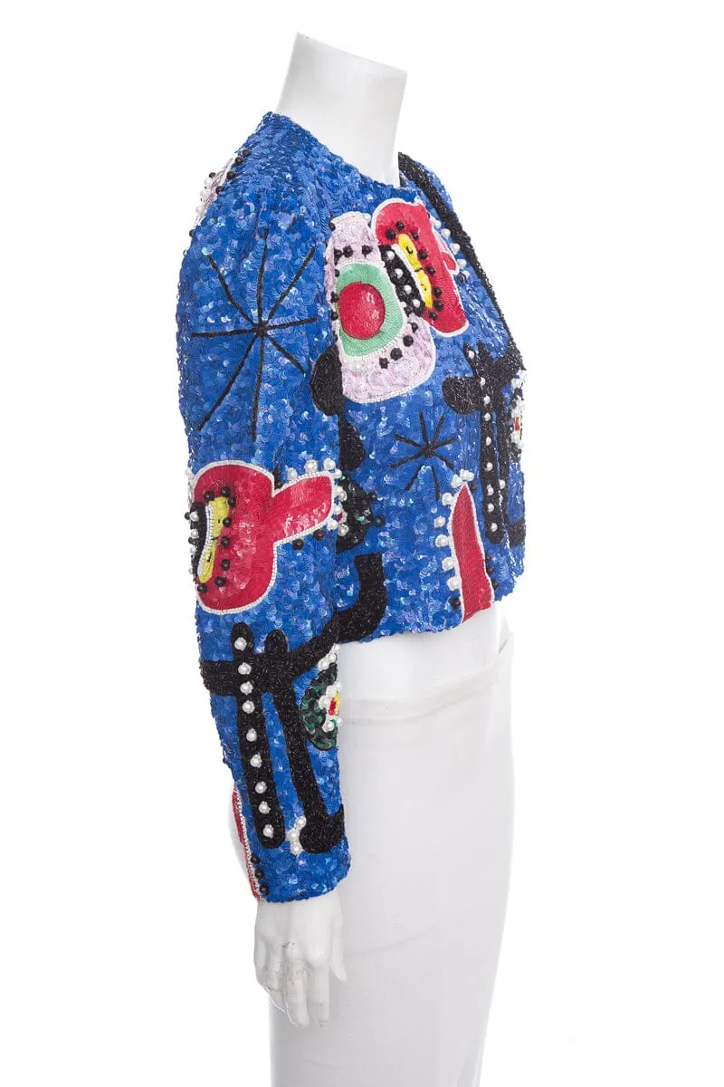 St. Martin Blue Sequin Abstract Cropped Jacket SZ S