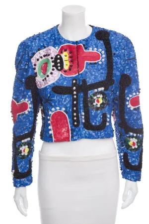 St. Martin Blue Sequin Abstract Cropped Jacket SZ S