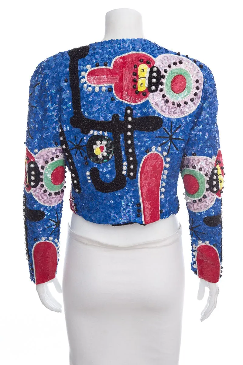 St. Martin Blue Sequin Abstract Cropped Jacket SZ S