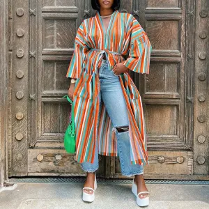 Striped Long Sleeve Belted Pocket Design Long Coat