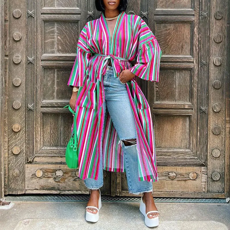 Striped Long Sleeve Belted Pocket Design Long Coat