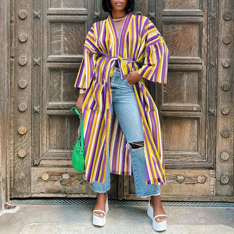 Striped Long Sleeve Belted Pocket Design Long Coat