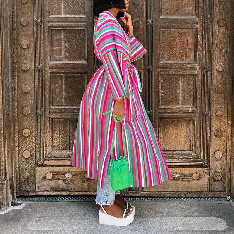 Striped Long Sleeve Belted Pocket Design Long Coat