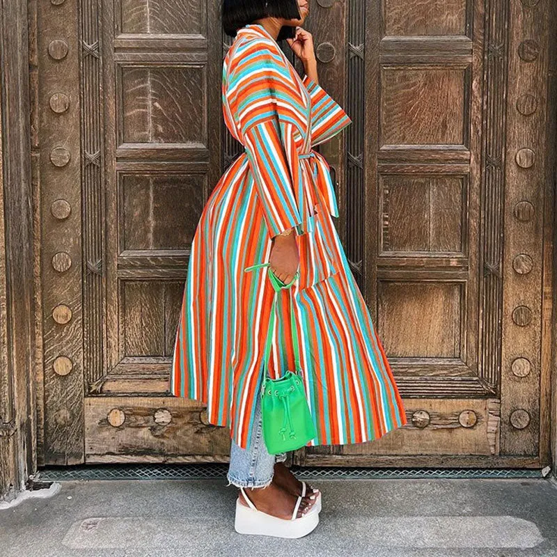 Striped Long Sleeve Belted Pocket Design Long Coat