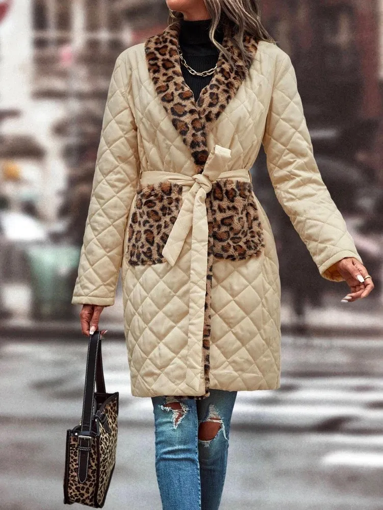 Stylish Color-Block Bandage Leopard Printed Pocket Lapel Collar Trench Coats