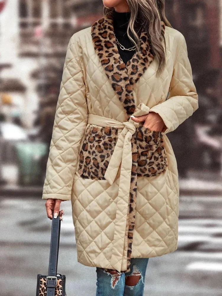 Stylish Color-Block Bandage Leopard Printed Pocket Lapel Collar Trench Coats