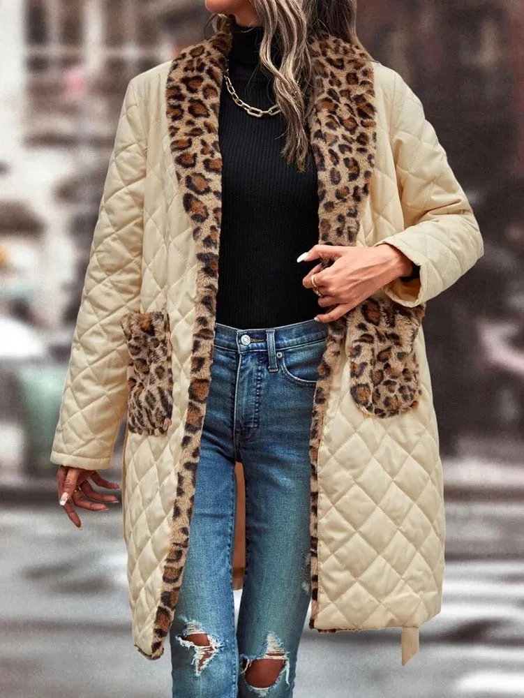 Stylish Color-Block Bandage Leopard Printed Pocket Lapel Collar Trench Coats