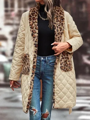 Stylish Color-Block Bandage Leopard Printed Pocket Lapel Collar Trench Coats