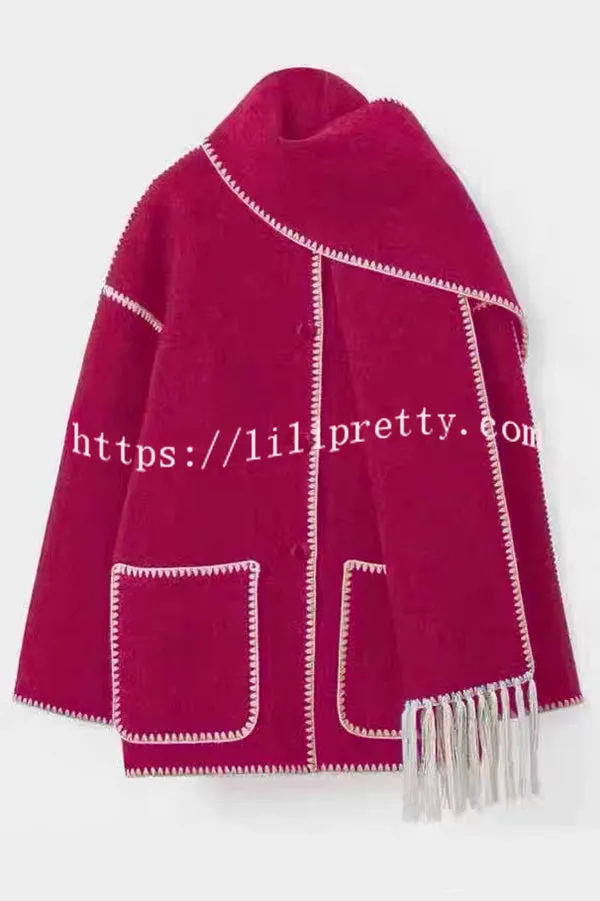 Stylish Loose Pocket Long Sleeve Coat and Warm Fringed Scarf