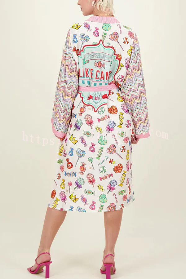 Sweet As Candy Unique Print Patchwork Belt Pocketed Long Shirt Coat