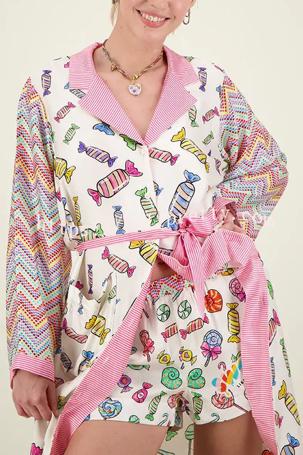 Sweet As Candy Unique Print Patchwork Belt Pocketed Long Shirt Coat