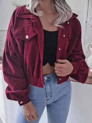 Trendy Lapel Collar Chest Pocket Button Up Corduroy Cropped Jacket Coat