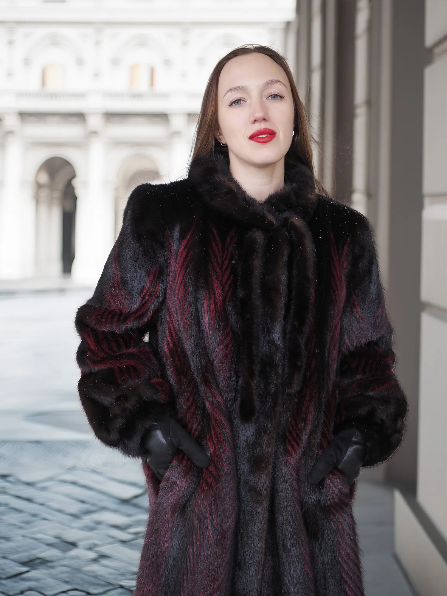 Two Tone Female Mink Fur Coat Red And Black Design S/M Unique