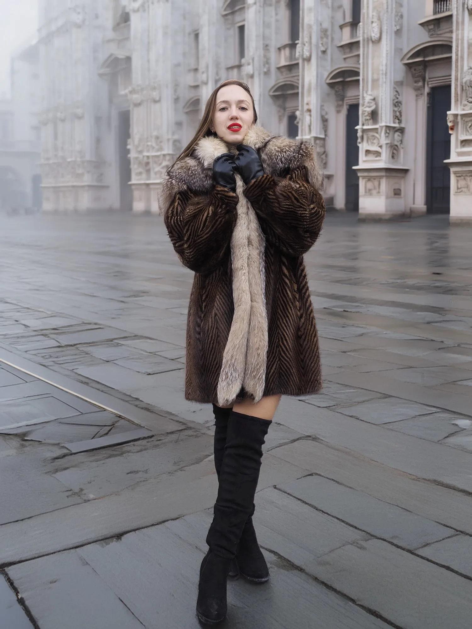 Two Tone Mink Fur Coat With Crystal Fox Cape Collar S/M Unique