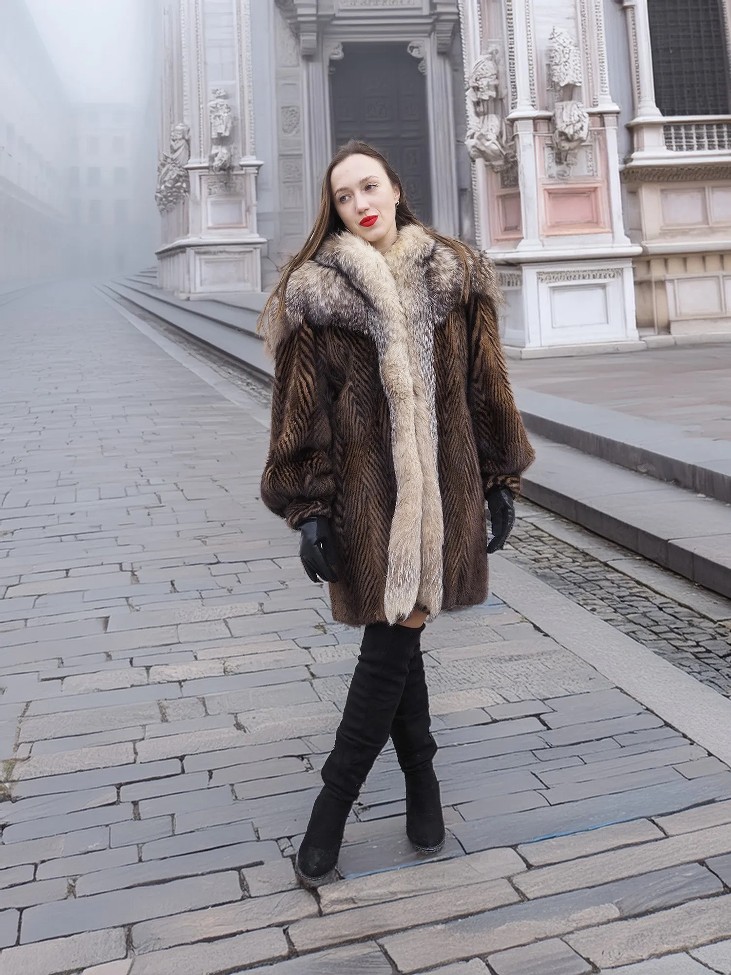 Two Tone Mink Fur Coat With Crystal Fox Cape Collar S/M Unique