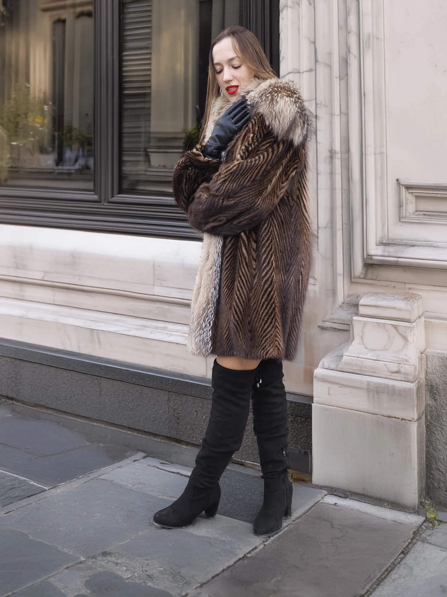 Two Tone Mink Fur Coat With Crystal Fox Cape Collar S/M Unique