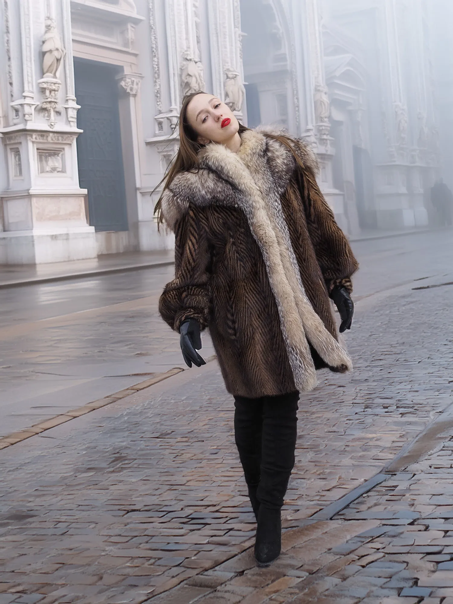Two Tone Mink Fur Coat With Crystal Fox Cape Collar S/M Unique