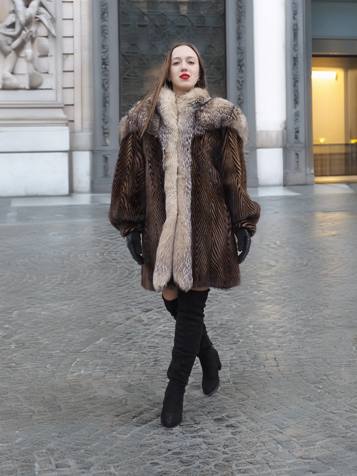 Two Tone Mink Fur Coat With Crystal Fox Cape Collar S/M Unique