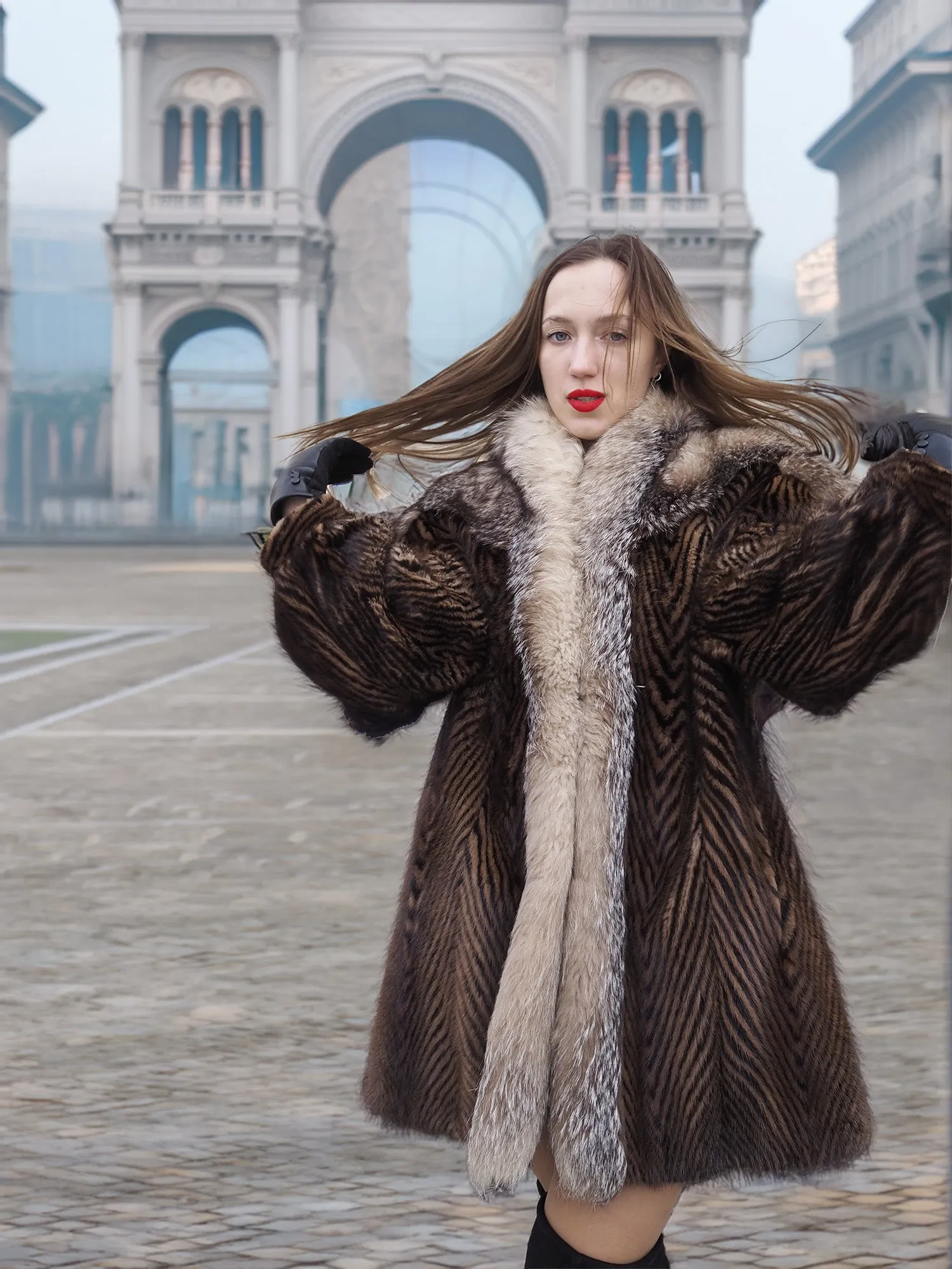 Two Tone Mink Fur Coat With Crystal Fox Cape Collar S/M Unique
