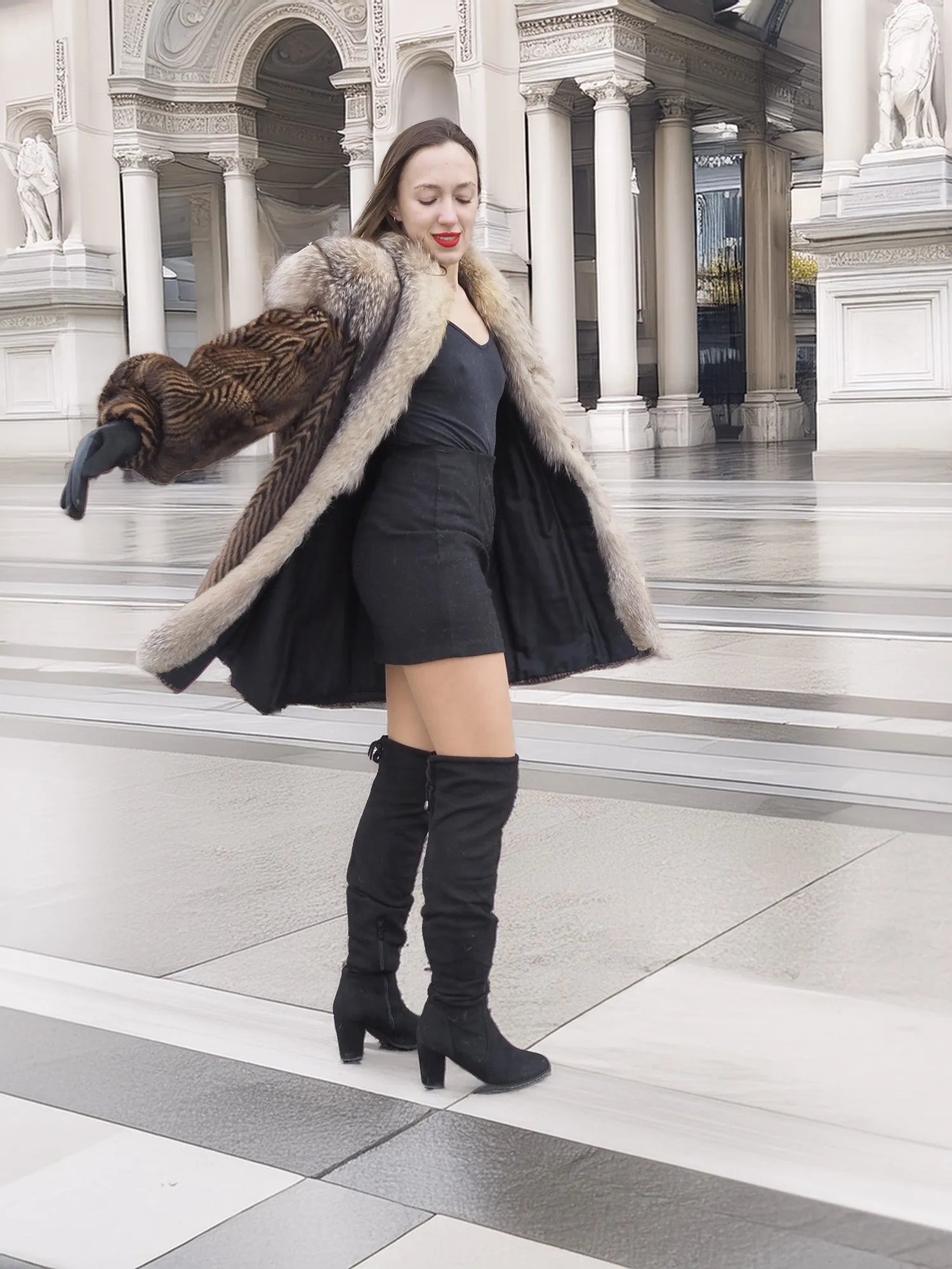Two Tone Mink Fur Coat With Crystal Fox Cape Collar S/M Unique