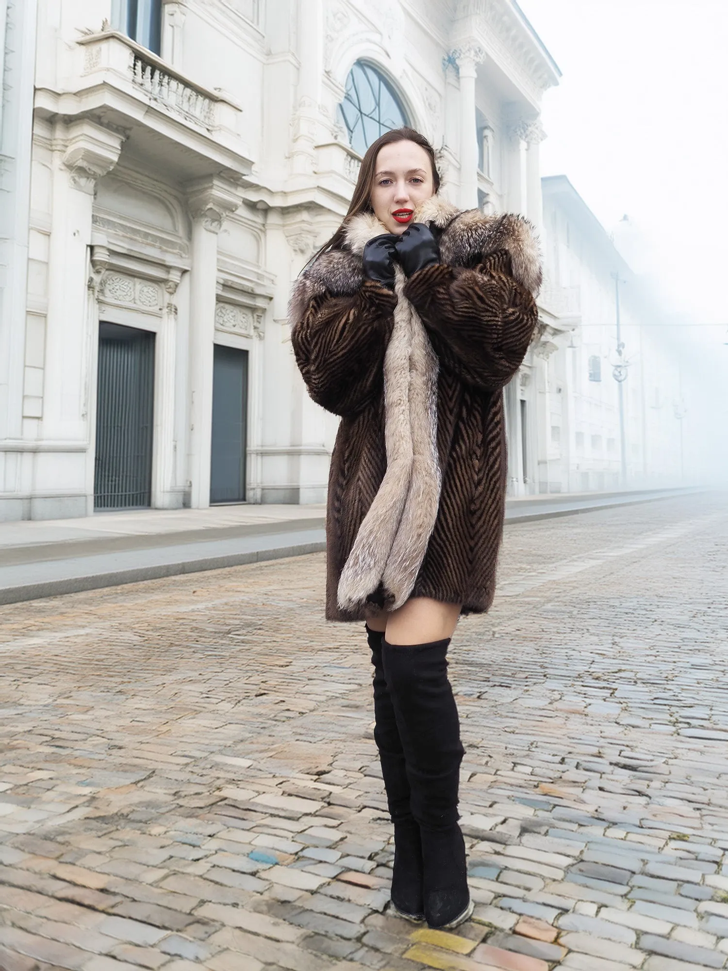 Two Tone Mink Fur Coat With Crystal Fox Cape Collar S/M Unique