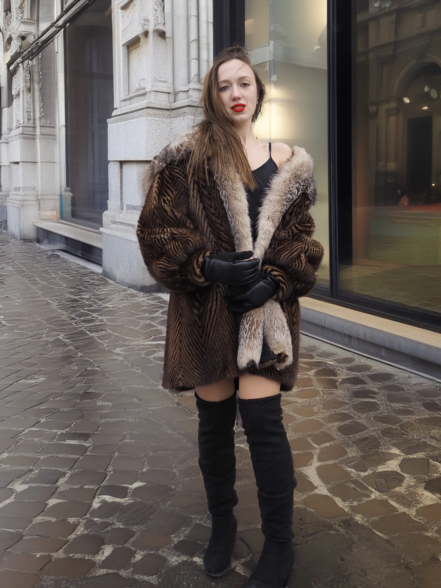 Two Tone Mink Fur Coat With Crystal Fox Cape Collar S/M Unique