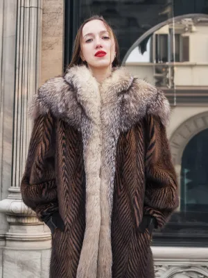 Two Tone Mink Fur Coat With Crystal Fox Cape Collar S/M Unique