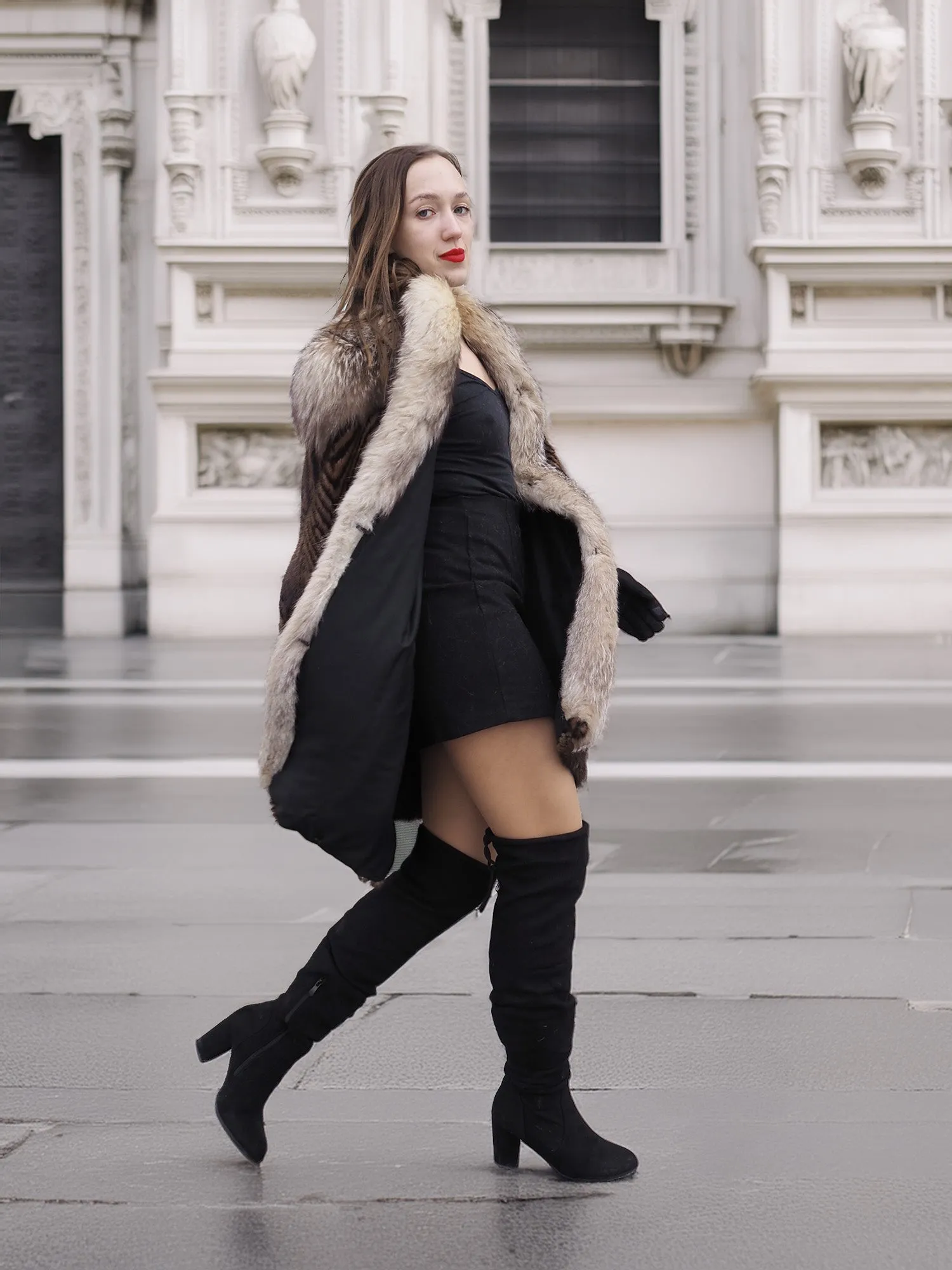 Two Tone Mink Fur Coat With Crystal Fox Cape Collar S/M Unique