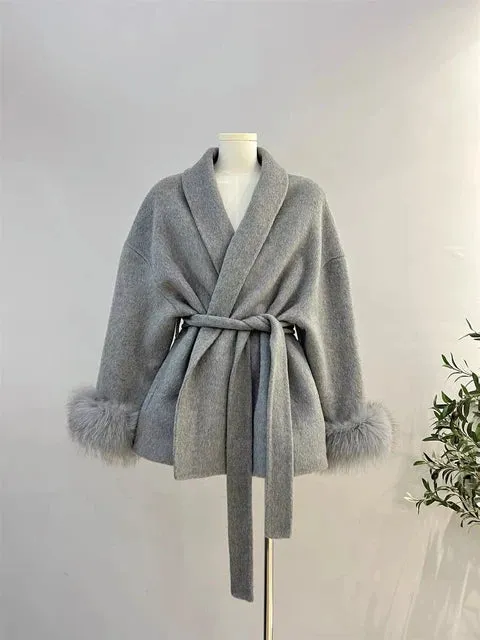 UCXQ Elegant OL Office Lady Overcoats Fur Patchwork Long Sleeve Woolen Coat Beautiful Women's Clothing Jacket Autumn 2024 Spring